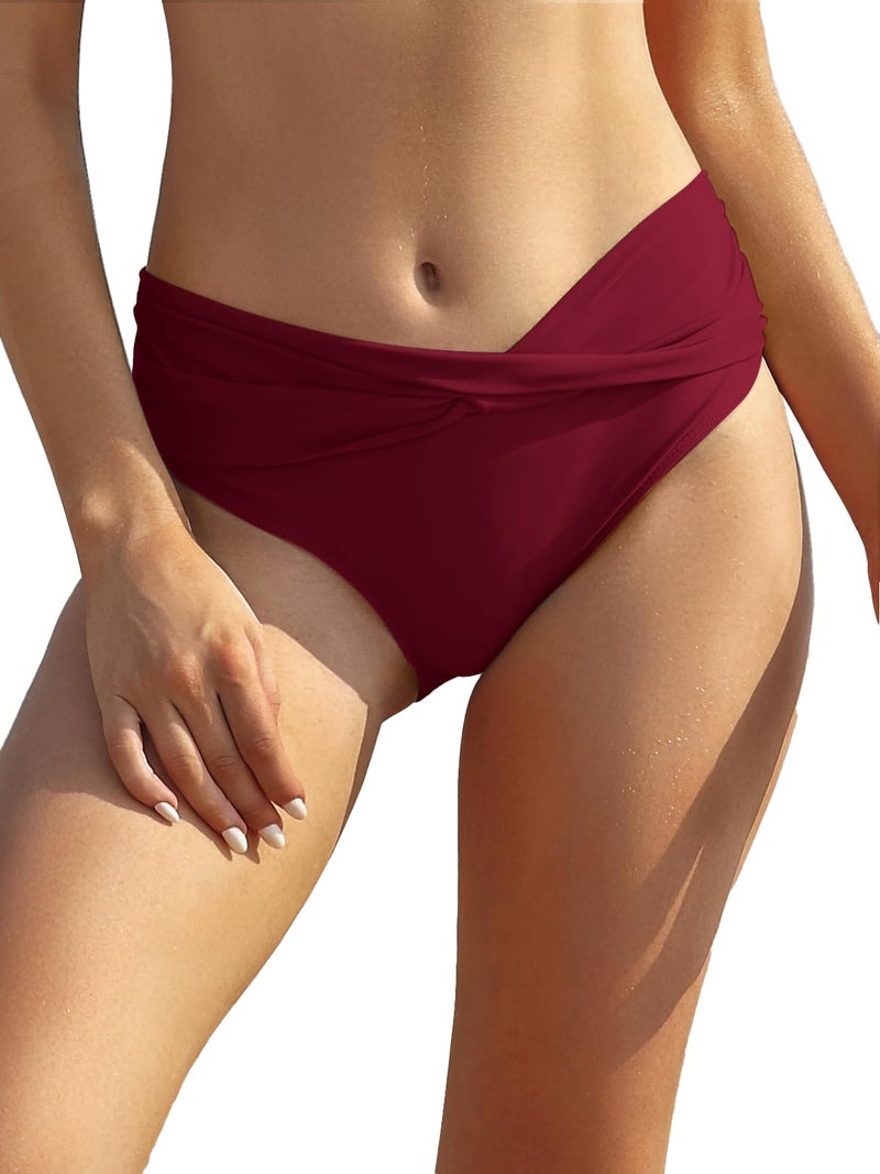 SHEKINI Women's Cheeky Swimsuit Twist Front Bikini Bottoms Ruched Swim Bottoms (Wine Red, Medium) - Image 1